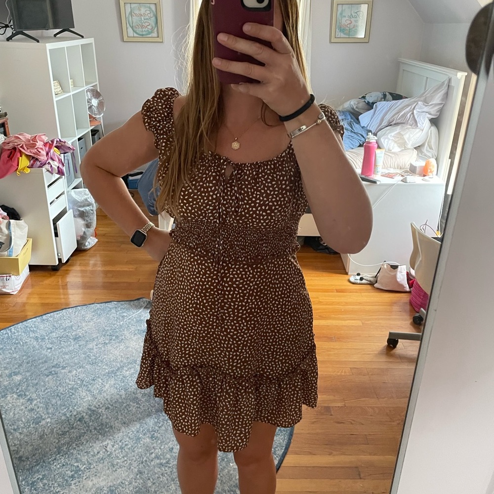 Brown and white off the shoulder flowy dress